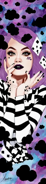 Free purple bookmark featuring a lady in a striped sweater